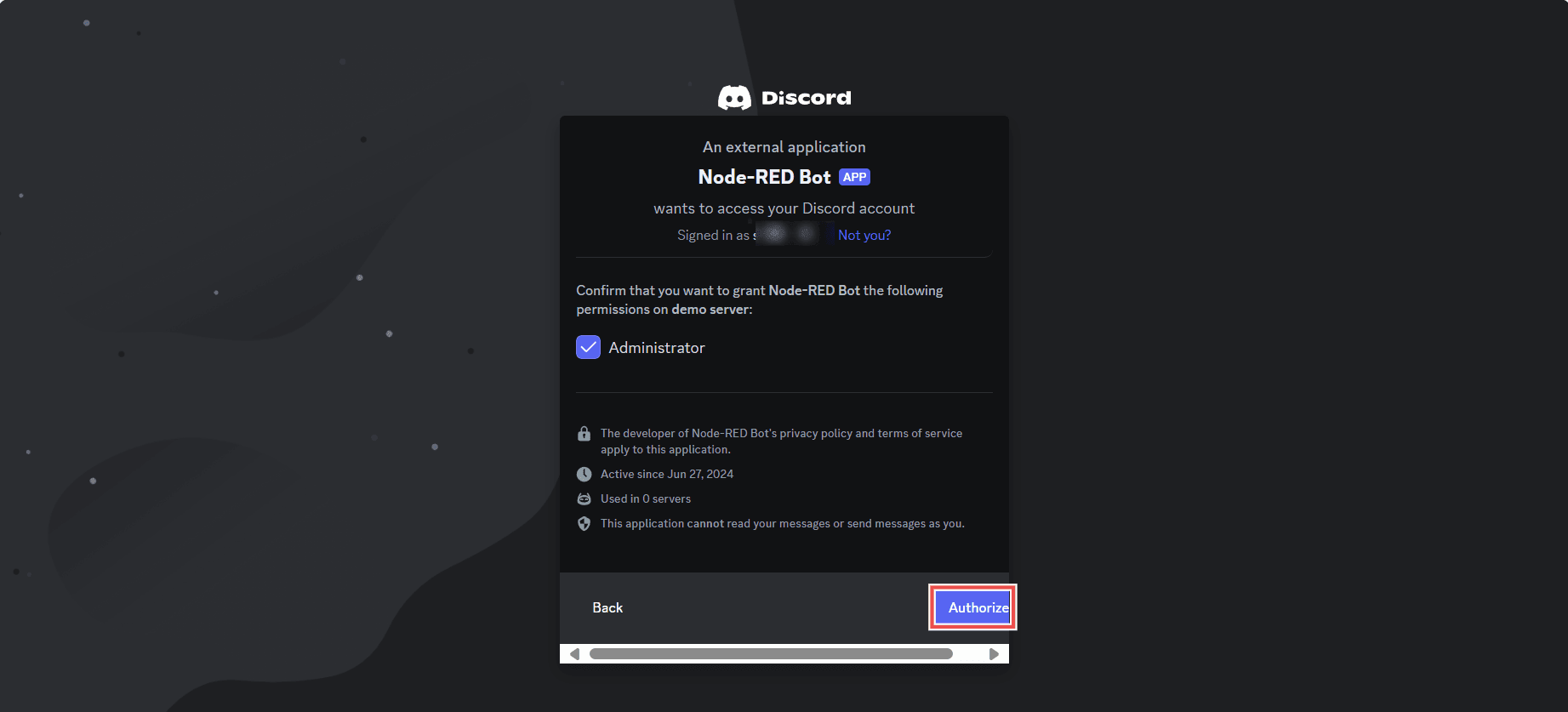 "Screenshot showing conformation discord popup asking to conform the permission should be given to bot into server"